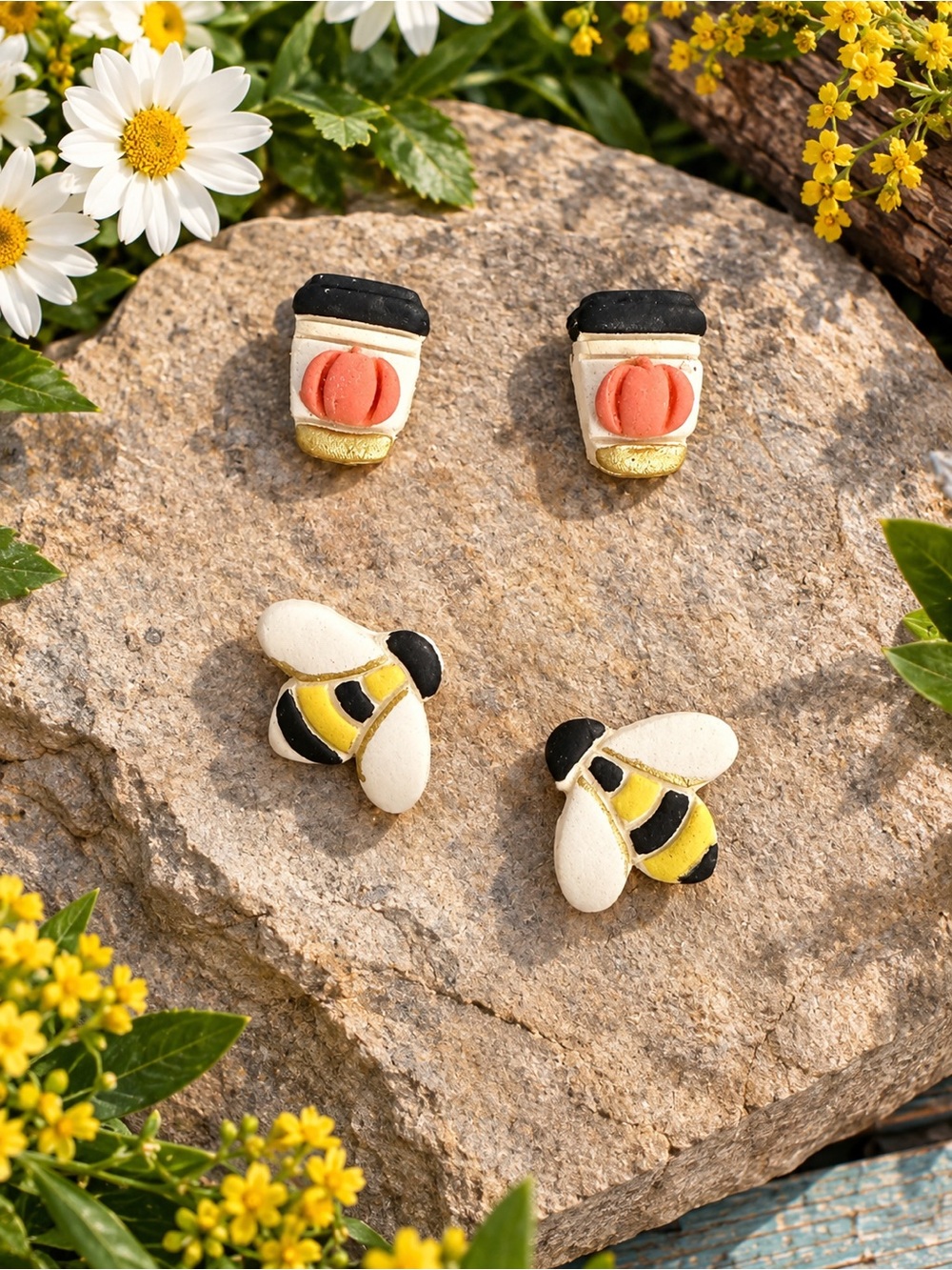 Pumpkin Cup & Bee Stud Handmade Polymer Clay Earring Set